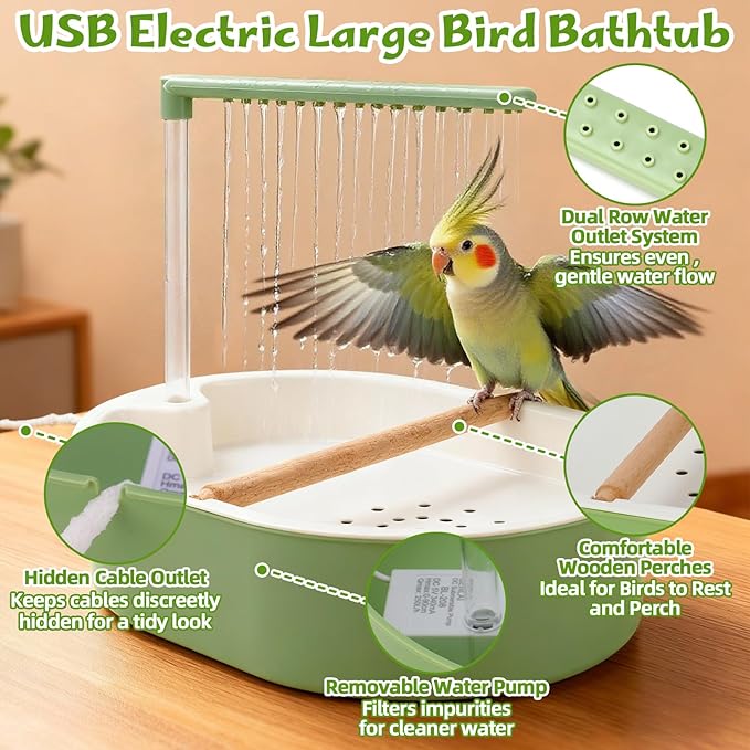 Parrot Shower for Cage, Automatic Parakeet Bird Bath with Circulating Water, USB Charging Quiet Pump Detachable Bathtub, for Small & Medium Birds Budgie, Cockatiel, Lovebird, Conure, Parrotlet, Quaker