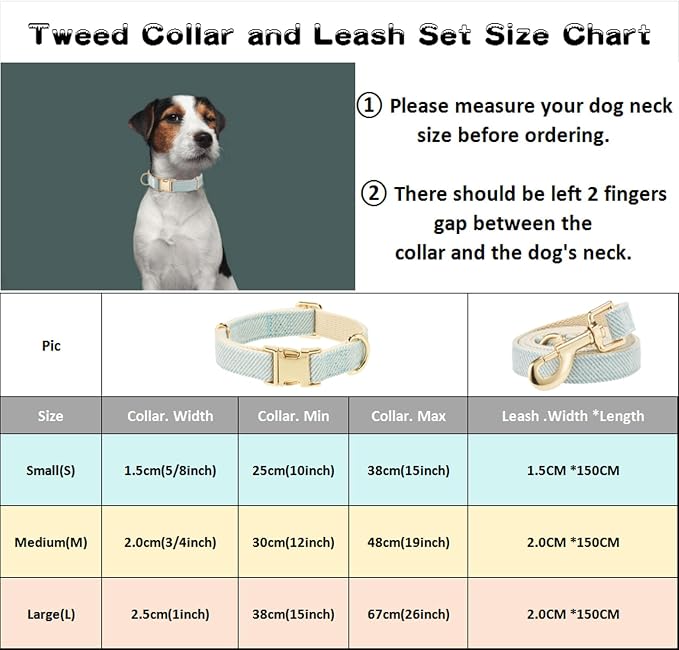 Luxury Soft Cotton Tweed Fabric Dog Collar & Leash Set with Gold Buckle – Durable Fabric, Stylish Design for Everyday Walks(Small LtBlue)