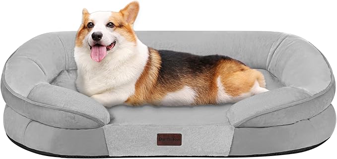 Dwanton Orthopedic Dog Bed for Medium Dogs with Gel Memory Foam, Waterproof Dog Sofa, Washable Pet Bed with Four Sided Bolster Cushion, Removable Cover & Non-Slip Bottom, 36", Light Gray