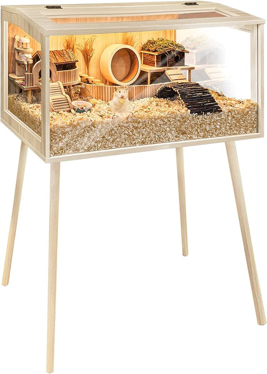 PROLEE Hamster Cage Wooden Chew Proof, Extra Large Mice and Rat Habitat Openable Top with Acrylic Sheets Solid Built Small Animal Cage with Leg Stands, 32 Inch Long