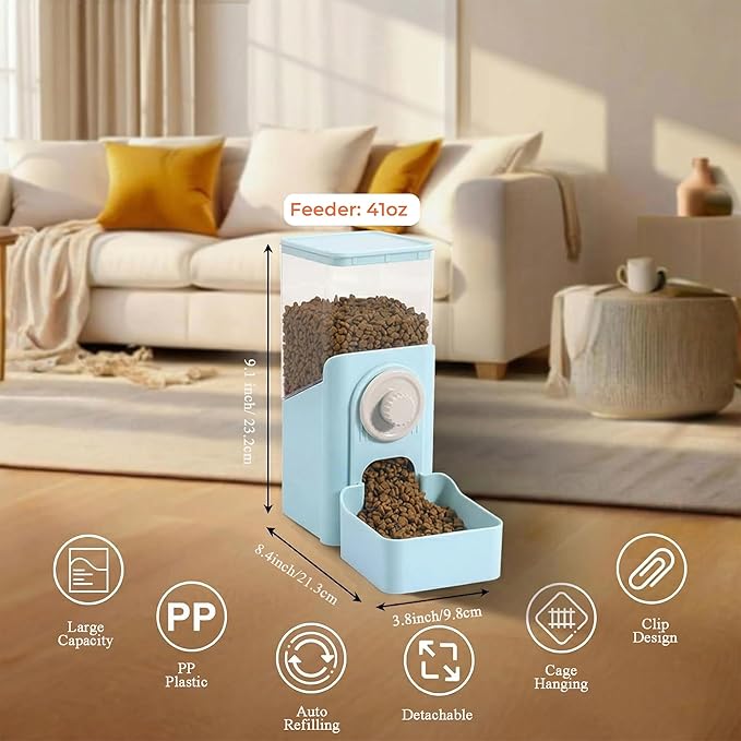 Auto Gravity Food Dispenser for Cage Hanging, 41OZ Capacity Hanging Automatic Pet Cage Feeder, Food Bowl for Cats Dogs Rabbit Ferret Chinchilla Bird Hedgehog Guinea Pig (Light Blue)