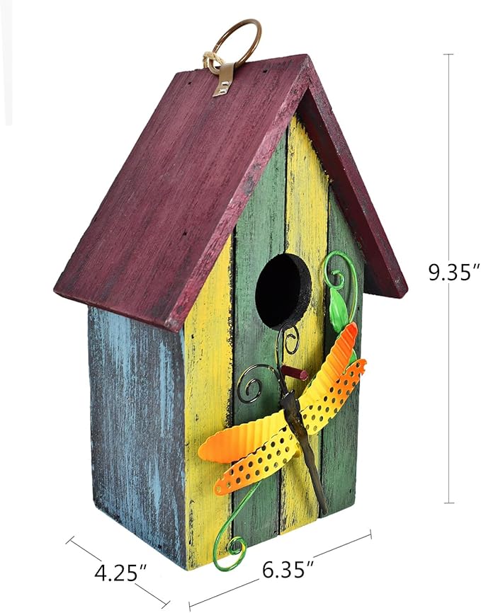 Wood Bird Houses for Outside, Hanging Bluebird House Nest Box Garden Patio Outdoor Decorative Bird Houses Vintage Rustic Wooden Birdhouse Bird Box Home for Finch Wren Chickadee Cardinals (Dragonfly)