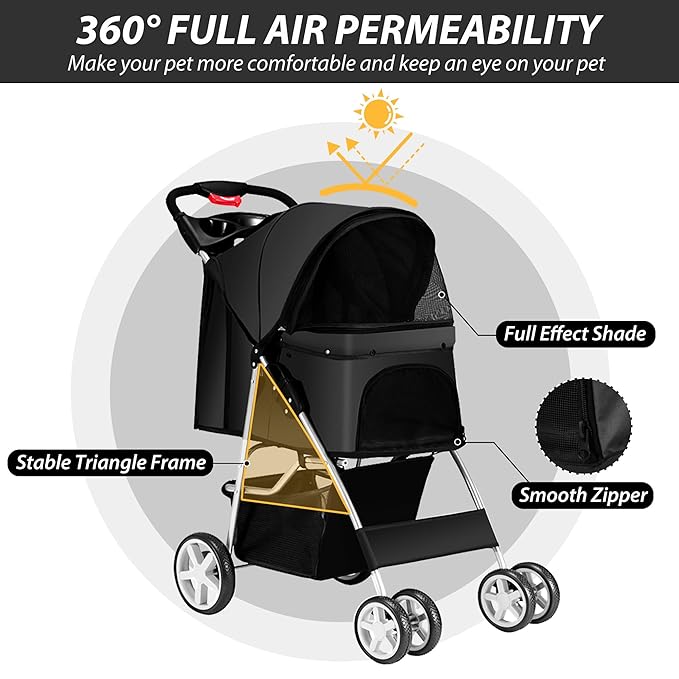 Unisakey 4 Wheels Pet Stroller for Small Medium Dogs Cats 10-33 lbs, Foldable Dog and Cat Stroller with Cup Holder & Storage Basket & Breathable Mesh, Pet Strolling Cart for All-Season, Black