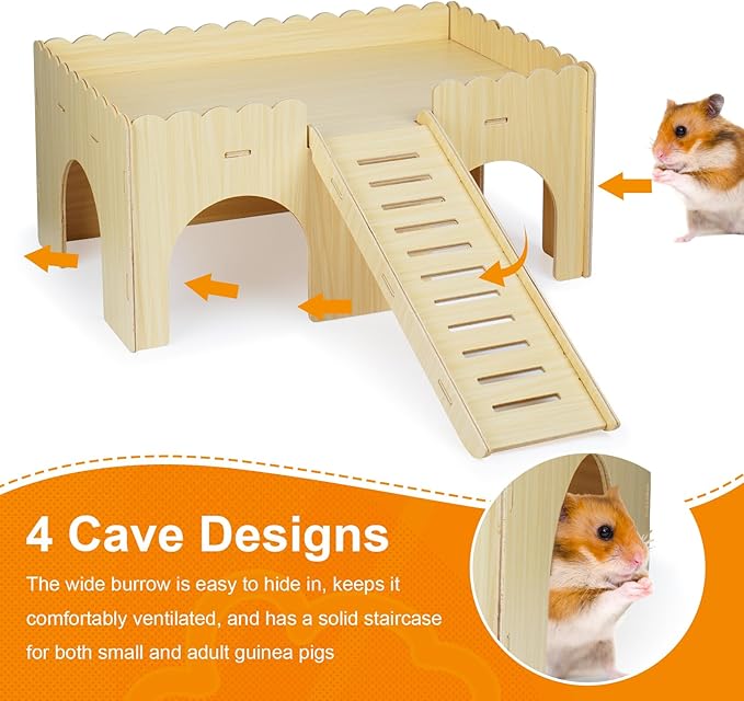 Large Guinea Pig Hideout, Upgraded Wooden Guinea Pig Castle with Guinea Pig ramp, Easy to Assemble Guinea Pig House for Small Animal House Habitat or Hamster Hideout/Rabbit Hideout