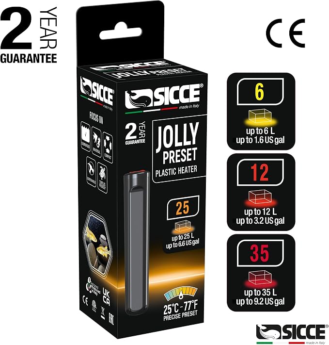 Sicce 22W Jolly Preset Small Submersible Aquarium Heater, Constant Temperature, Betta Fish Tank Heater Set to 77℉ for 1-7 Gallons Freshwater & Saltwater Tanks