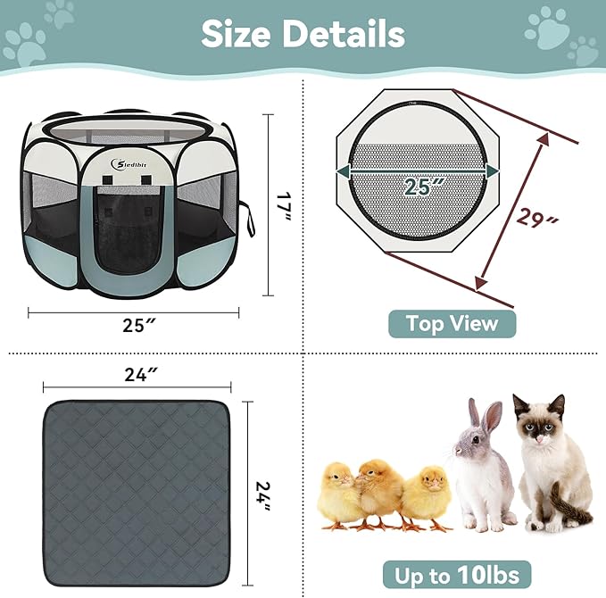 Siedihit Dog Playpen with 2 Washable Pee Pad, Puppy Pet Cat Playpen Small AnimalsTent Crate Indoor/Outdoor, Portable Pop Up Kennel with Carrying Case(Grey with 2 Pads, Small)