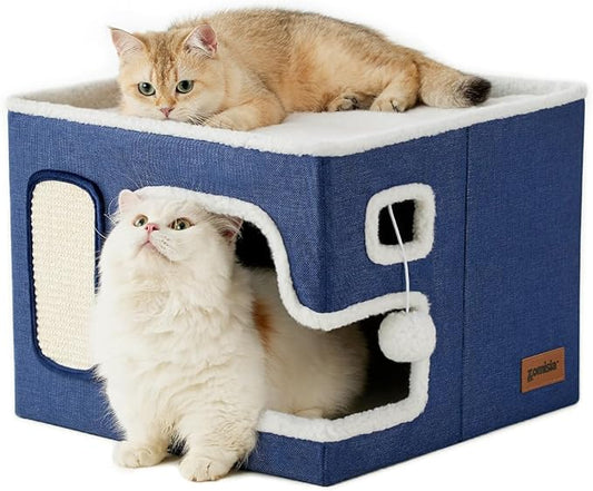 ZOMISIA Cat Beds for Indoor Cats - Large Cat House for Pet with Fluffy Ball Hanging and Scratch Pad, Foldable Cat Hideaway,16.5x16.5x13 inches, Navy