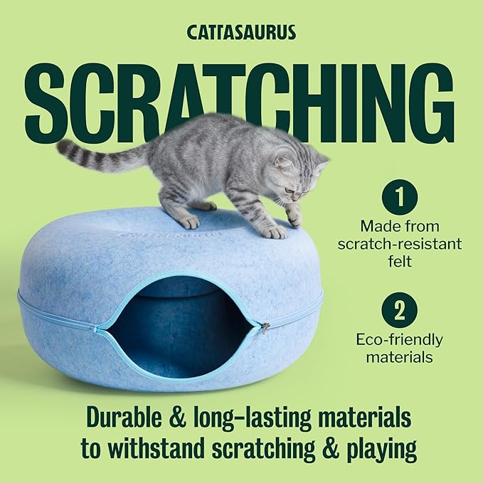 Cattasaurus Peekaboo Cat Cave Donut for Multiple & Large Cats up to 30-45 lbs, 3-in-1 Self Warming Cat Bed, Tunnel & Scratcher for Indoor Cats, Washable & Detachable Small Dog Bed (Blue, Large)