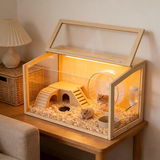 Hamster Cage: Wooden Small Animal Cage with Warm Light - 32Inch Large Clear Hamster House Chewy Proof with Openable Breathable Top