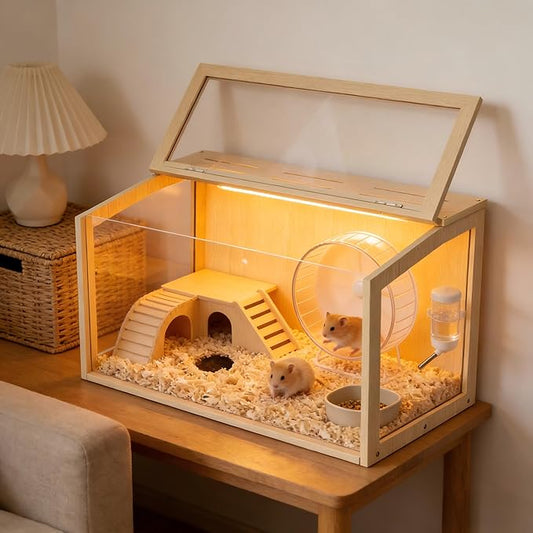 Hamster Cage: Wooden Small Animal Cage with Warm Light - 32Inch Large Clear Hamster House Chewy Proof with Openable Breathable Top
