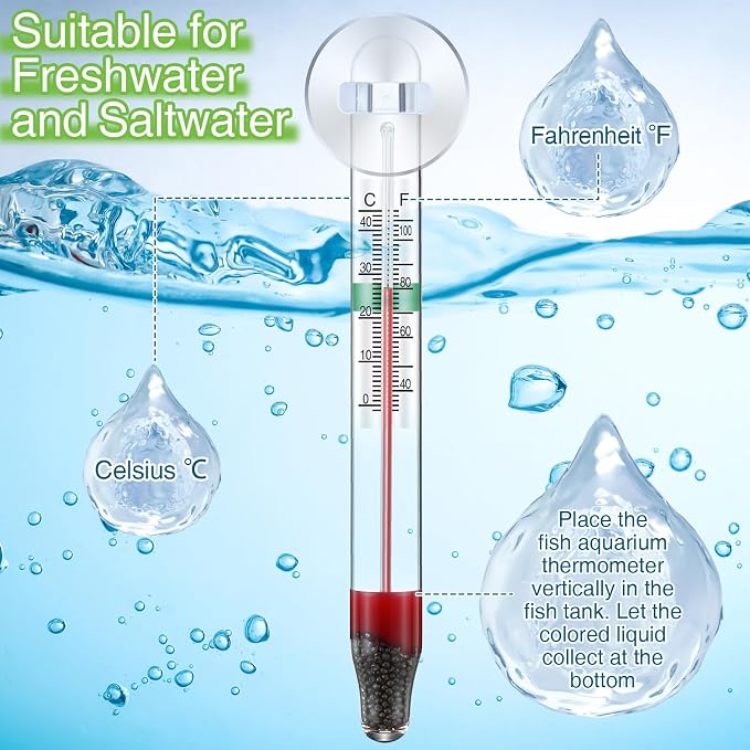 Dreyoo 4 Pack Floating Aquarium Thermometers, 0-43°C/32-110°F | with Suction Cup, Glass Material, Mercury Free Large Standing Thermometer for Freshwater and Saltwater Fish