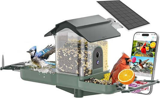 Dual-Lens Smart Bird Feeder with Camera & Bird Bath, 2.4G WiFi 2K HD Live View, Auto Record Video, AI Identify, APP Instant Notifications, Solar Powered, Birdwatching Gifts for Family, Birds Lover