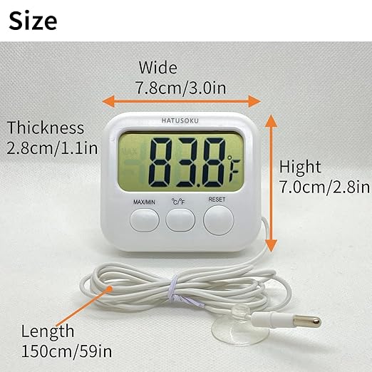 HATUSOKU Digital Thermometer with External Sensor, Magnet, Suction Cup, Water Thermometer, Aquarium, Refrigerator, Freezer (White)