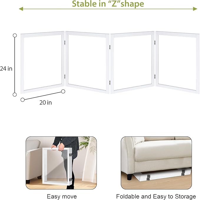 LZRS Extra-Wide Clear Dog Gate for Indoor Use - Transparent Pet Fence with Solid Hardwood and Plastic Board, Stylish & Durable freestanding Pet Gate for Doorways, Stairs and Hallways-4 Panel White