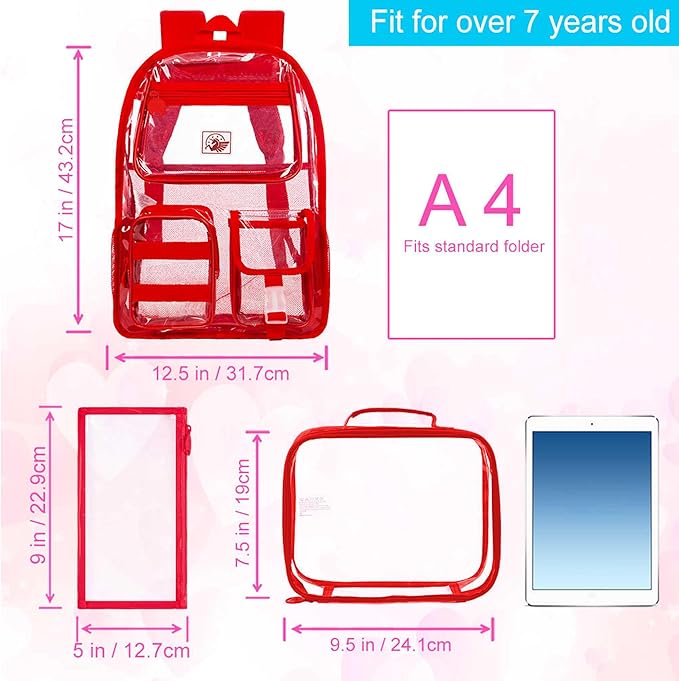 CCJPX 3Pcs Clear Backpack for Girls, School Transparent Bookbag, Heavy Duty See Through Backpacks for Teens Elementary
