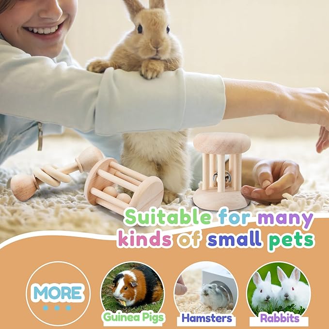 AOWPFVV 3 Pcs Wooden Bunny Toys - Safe Rabbit & Guinea Pigs Teeth Grinding Toys for Chinchillas, Hamsters & Small Animals - Indoor & Outdoor