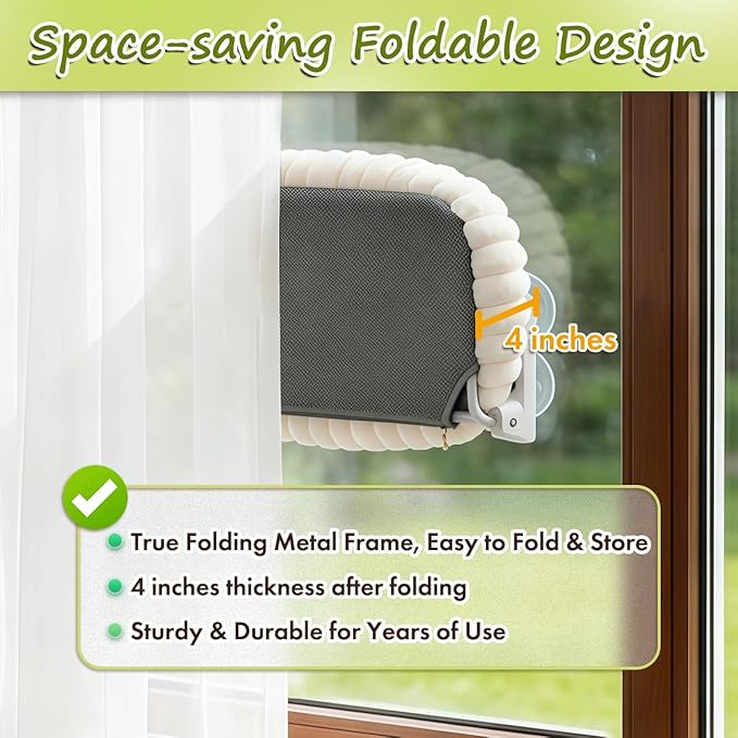Zoratoo 2PC Cat Window Perch with Bolster Foldable Cat Hammock Cushion Bed for Window with Metal Frame, Cloud-Cuddle Cordless Window Resting Seat for Indoor Cats (Cushion Bed, White-M)