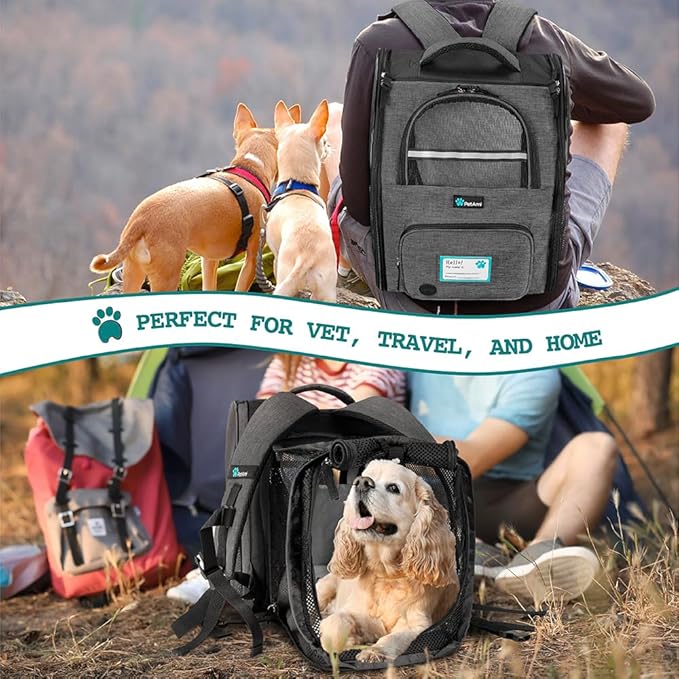 PetAmi Expandable Dog Backpack Carrier for Cats & Pets, Breathable Cat Carrier Backpack with Top Window & Multi-Entry, Ventilated Foldable Travel Carrier for Small Medium Pets up to 18 lbs, Dark Gray