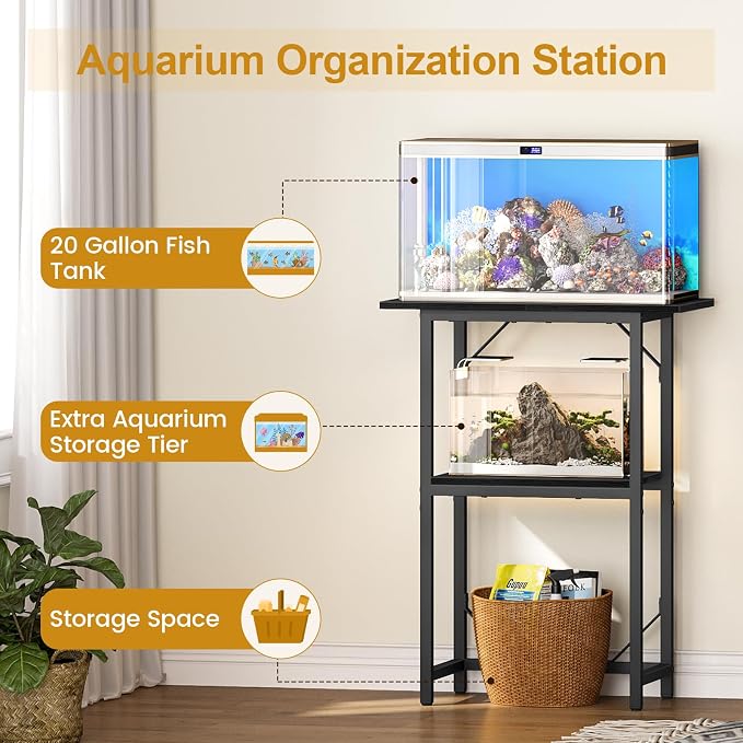 Snughome 10-20 Gallon Fish Tank Stand, Aquarium Stand 2-Tier Storage Shelves, Heavy Duty Terrarium Stand for Home Office Fish Tank Shelf, 24" L x 11.81" W x 30.71" H, Black