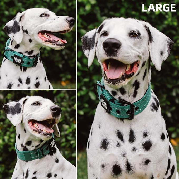 Tuff Pupper Heavy Duty Tactical Dog Collar | 1.5" Wide Ballistic Nylon | Reflective Stitching | Integrated ID Tag Holder | Stainless Steel Buckle | Padded Lining | Medium & Large Dogs (Green, Large)