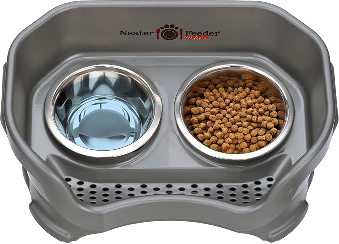 Neater Pet Brands Neater Feeder Deluxe Mess Proof Cat Bowls Elevated, Made in USA, No Spill Raised Bowls for Indoor Cats, Stainless Steel Food and Water Bowl Set, Pet Dish Feeding Station, Gunmetal