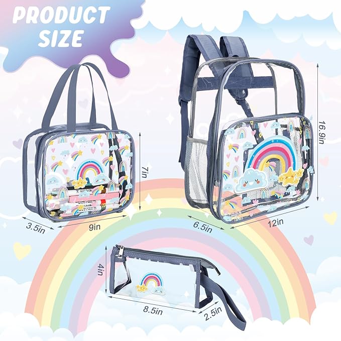 Kacctyen 3 Pcs Clear Backpack Heavy Duty Clear Stadium Bag Transparent Backpack with Lunch Bag(Blue Purple,Rainbow)