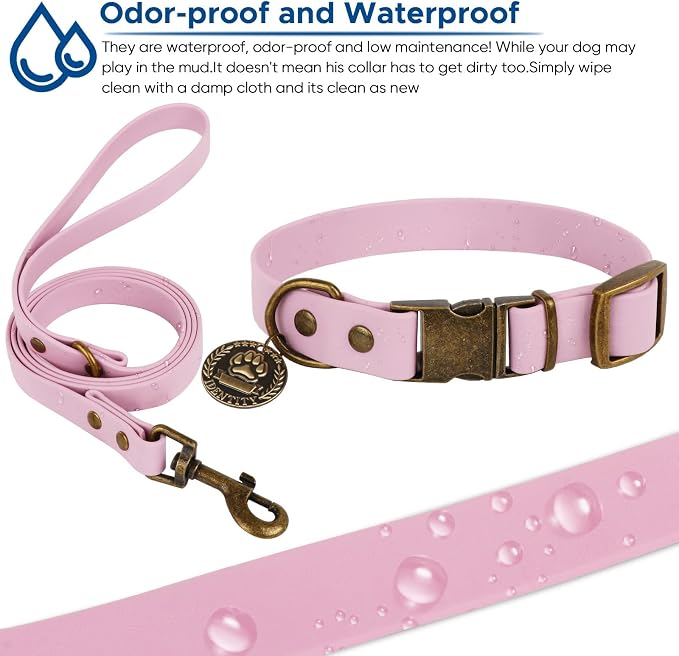 Wisedog Waterproof Dog Collar and Leash Set, L, Pale Pinkish Purple | Adjustable Puppy Collar, Cute Tag, 5FT Leash, Includes Poop Bag, For Small Medium Large Dogs