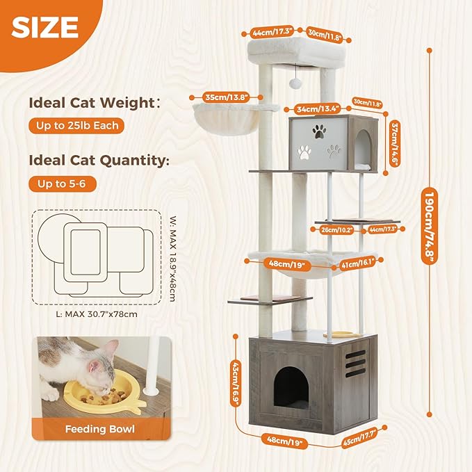 PAWZ Road Large Cat Tree with Food Station, 74.8 Inches Wooden Tall Cat Tower with Extra Large Condos and Hammocks,Spacious Perch,Sisal and Steel Posts, Scratching Mat for Indoor Adult Cats-Gray