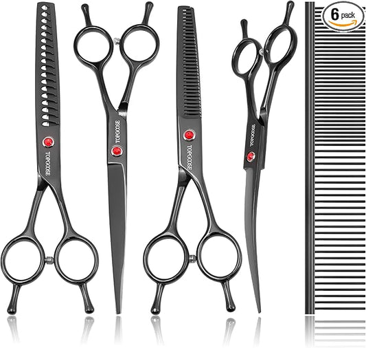 TOPGOOSE Dog Grooming Scissors Kit, Professional 6 in 1 Pet Scissors Sharp Shears Set - Straight, Thinning, Chunker, Curved Shears and Comb for Long Short Hair for Dog Cat (Set, Black)