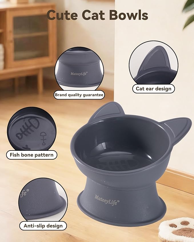 MateeyLife Raised Cat Bowls, Cat Food Bowl Elevated for Kittens & Small Dogs, 15°Tilted Protect Pets' Neck and Anti Vomiting, Whisker Friendly Food & Water Feeding Bowl, 6 oz Each - Gray