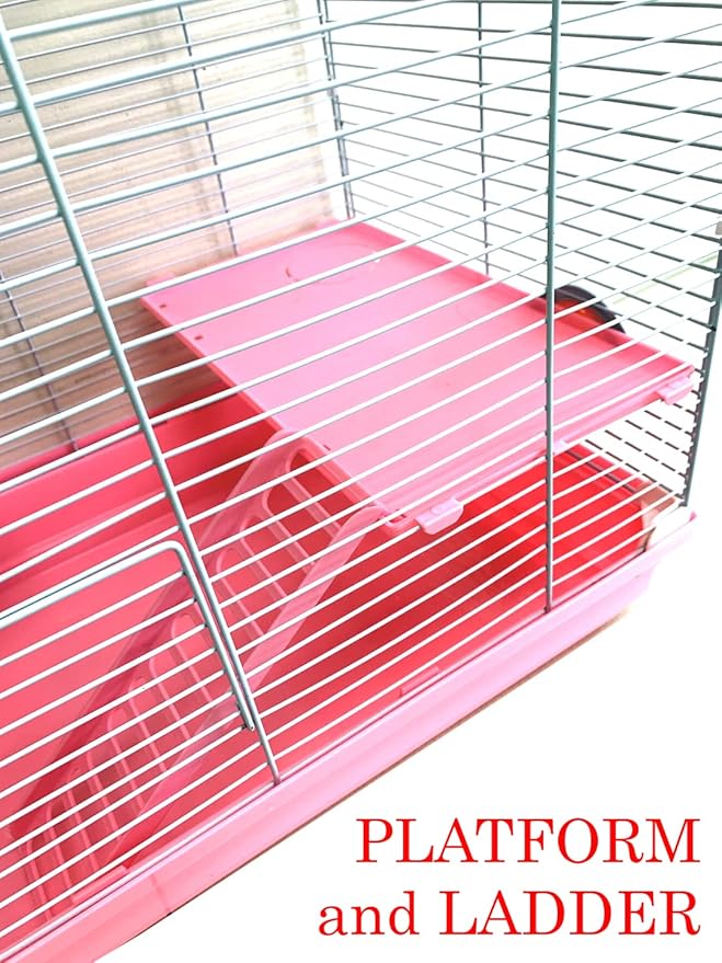 Pink 2-Levels Habitat Hamster Home Rodent Gerbil Mouse Mice Rat Wire Cage with Complete Set of Accessories Expansible and Customizable Hide House Exercise Running Wheel Food Bowl Water Bottle