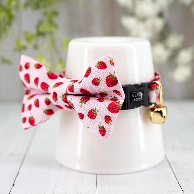 Ultra Joys Breakaway Cat Collar with Bells - Kitten Collar with Bowtie Strawberry Small
