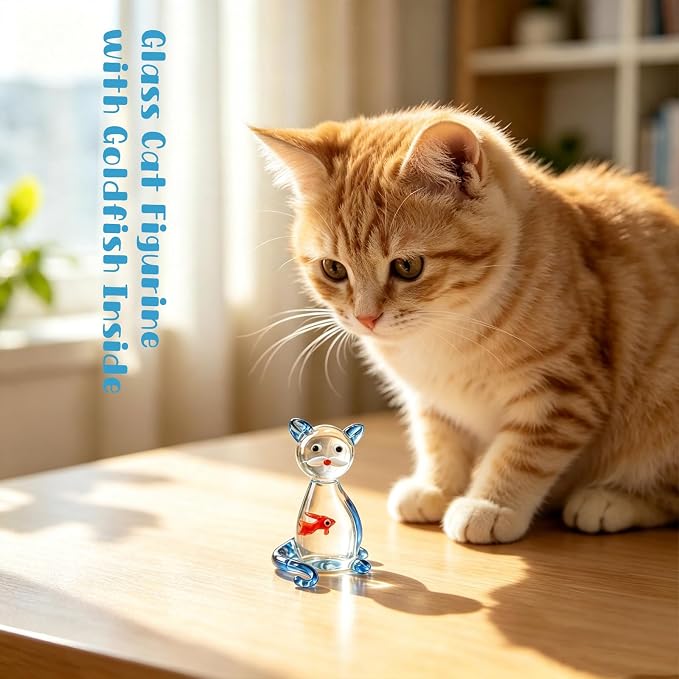 Hand Blown Glass Cat Figurine with Goldfish Inside, Mini Art Glass Cat Statue Ornament, Cute Handmade Crystal Animal Collectible Figurines for Home Desktop Decor, Birthday Gift for Cat Lovers (Cat)