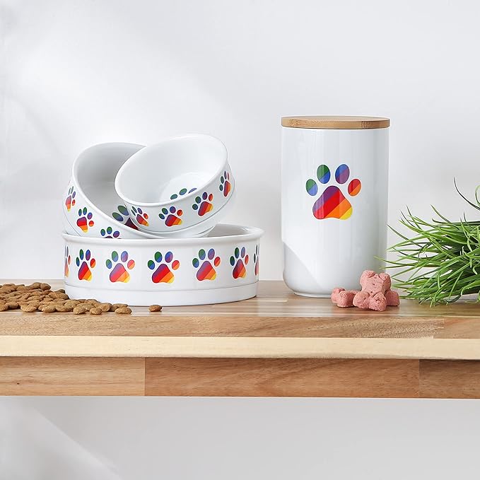 Bone Dry Ceramic Food Bowls, Non-Slip & Dishwasher Safe, Large Set, 7.5x2.4, Rainbow Paw, 2 Count