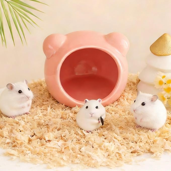 Hamster Hideout, Cute Ceramic Summer Cool Guinea Pig House, Sugar Glider Gerbil Cage Accessories for Hedgehog Mice (Pink)