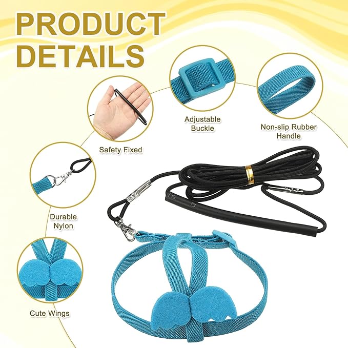 Bird Harness Leash, Adjustable Pet Parrot Bird Harness and Leash Lightweight Anti-Bite Flight Training Rope with Cute Wing, (Blue, S), Intended for Parrots/Pigeons/Budgies