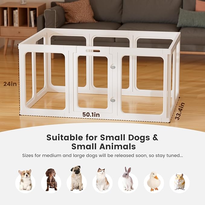 Clear Acrylic Dog Playpen - 50 x 33.4 Inch, 24" H 10 Planes Transparent Dog Fence Indoor, Sturdy Pet Pen for Puppy/Small Dog/Rabbit/Pig, Easy Assemble & Cleaning Plastic Whelping Box Enclosure, White