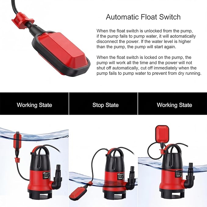Sump Pump, Prostormer 1HP 3700GPH Submersible Clean/Dirty Water Pump with Automatic Float Switch for Pool (Red)