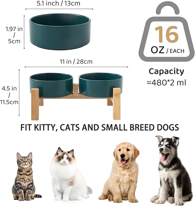 Elevated Ceramic Dog Bowl Set - Raised Dog Bowls with Non Slip Bamboo Stand, Food and Water Bowl Set for Kitty, Cats and Toy Breed Dogs, Pet Bowls, Weighted Dogs Dishes (5.1'', 2*16OZ, Green)