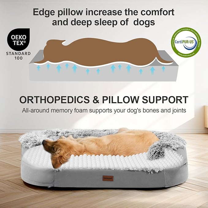 iweepet 3.7 inch Thickened Orthopedic Dog Beds for Large Dogs, Fluffy Supportive Dog Sofa Bed with 28D Egg-Crate Foam, Removable Washable Plush Cover, Waterproof Lining, Cozy Oval Design, Grey