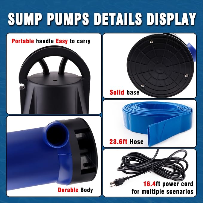 1.5HP Sump Pump, 4000GPH High Flow Clean&Dirty Water Pump