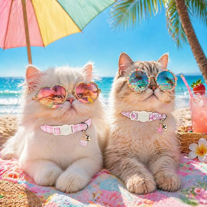 2 Pack Pink Cat Collars - Summer Breakaway Girl Cat Collars, Adjustable Kitten Safety Collar for Small Dogs Puppy, Cute Plaid & Mermaid Pet Collar with Bell & Pendant