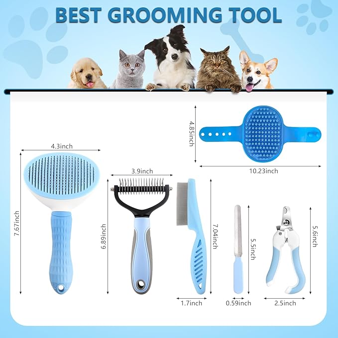 Dog Brush Dog Grooming Kit 6PCS Dog Brush for Shedding-Dog Grooming Brushes, Dematting Comb for Dogs, Cat Nail Clipper with Nail File, Flea Comb, Dogs Bath Brush (Blue)