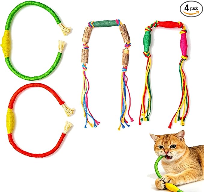 IUHKBH Silvervine Cat Toy, 4 Packs Colorful Chew Ropes with Silvervine Sticks and Refillable Natural Catnip Bag for Teeth Cleaning Safe Interactive Toy for Indoor Cat Kitten