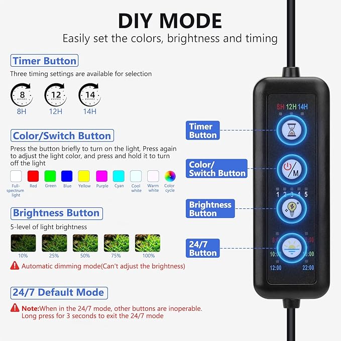 fishkeeper Clip On Aquarium LED Light, 24/7 Mode Full Spectrum Fish Tank Light with Timer, Adjustable 8 Color / 5 Brightness Simulate Sunrise-Day-Sunset-Moon for 7.87-12.99 inch Planted Tank 9W