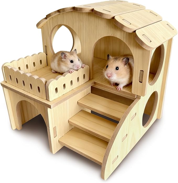 Wooden Hamster Hideout - Wood Hamster Hide House with Ladder Platform Small Pet Hut Habitat Detachable Hamsters Maze Cage Accessories for Dwarf Rat Gerbils Mouse and Other Tiny Animals
