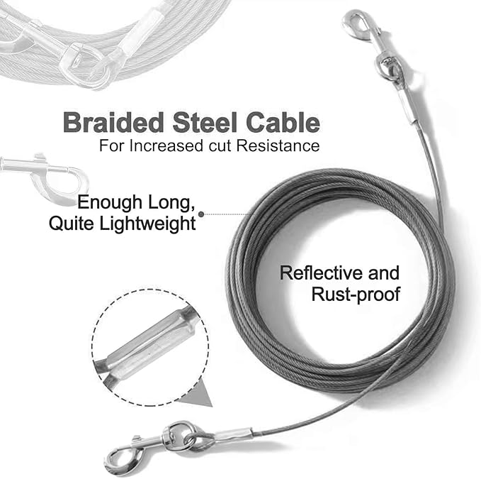 Tie Out Cable for Dogs,10/20/30/50/100FT Dog Leads for Yard Chew Proof,Heavy Duty Tie Out Cable for Large Dogs Up to 125lbs,Dog Runner Tether (Transparent Black, 125Ibs 50ft)