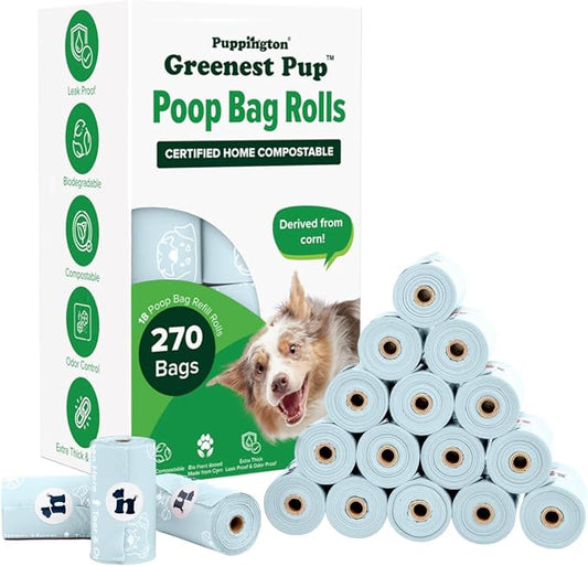 Puppington Certified Home Compostable Poop Bags - ASTM D6400 Compliant - 270 Extra Thick Bags - Plant Based - Pairs with Puppington 3-in-1 Bag & Fits all Standard Poop Bag Dispensers (Ice Blue)