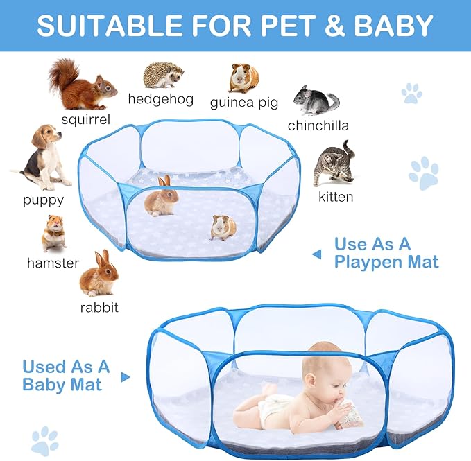 VitalCozy Hamster Playpen with Mat Small Animal Cage Tent Breathable Transparent Guinea Pig Playpen Waterproof Portable Yard Fence Mat Foldable Exercise Playpen Outdoor Indoor (Blue,Star)