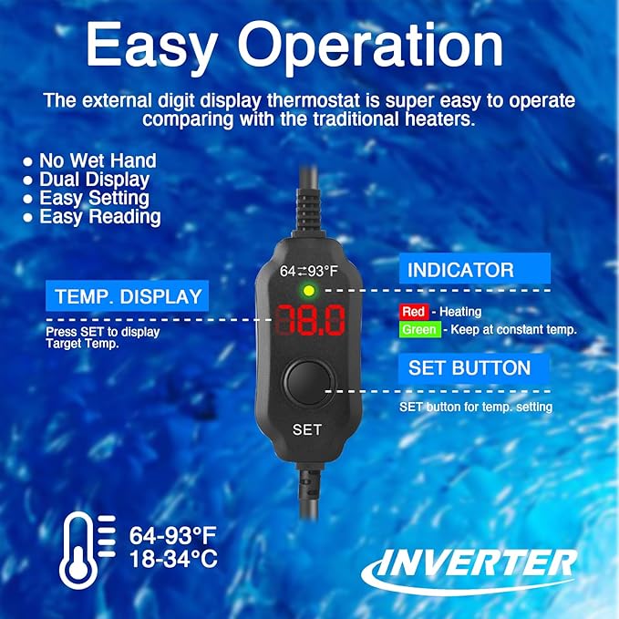 Aquarium Heater 300W, Submersible Fish Tank Heater with LED Digital Display, Auto Power-Off When Leaving Water & High Temp Protection, for Fresh and Salt Water Tanks 40-75 Gal